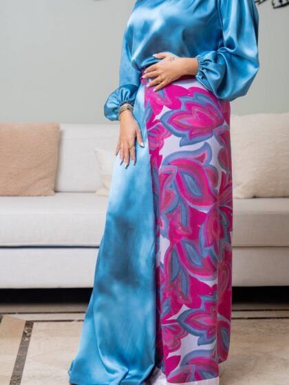 Wavy satin trouser with printed skirt overlay