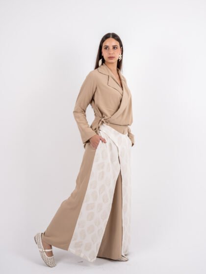 Wide-Leg Trousers with Layered Leaf Wrap