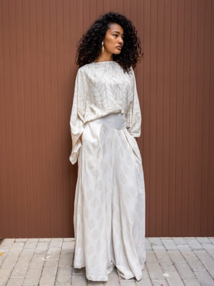 Beige Leaf-Patterned Wide-Leg Trousers