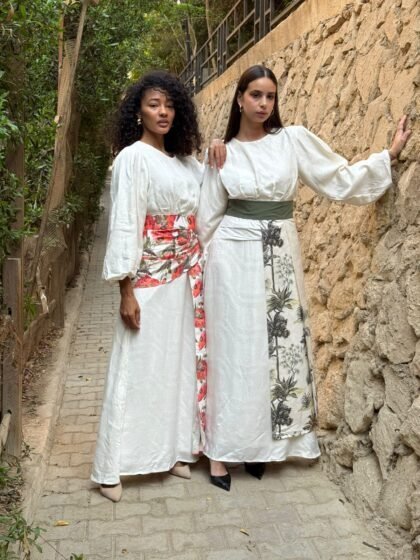 White Layered Maxi Dress with Orange floral Belt OR Green Palm Belt